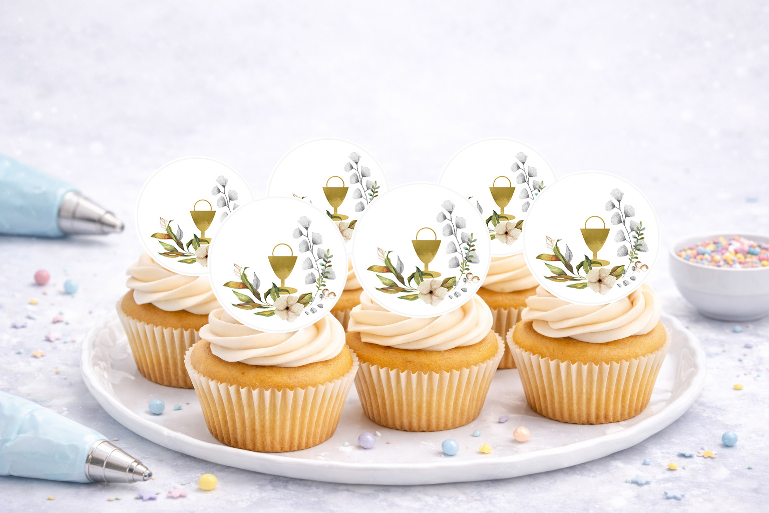 Essbare Muffinaufleger zur Erstkommunion mit christlichen Motiven für Cupcakes und Muffins