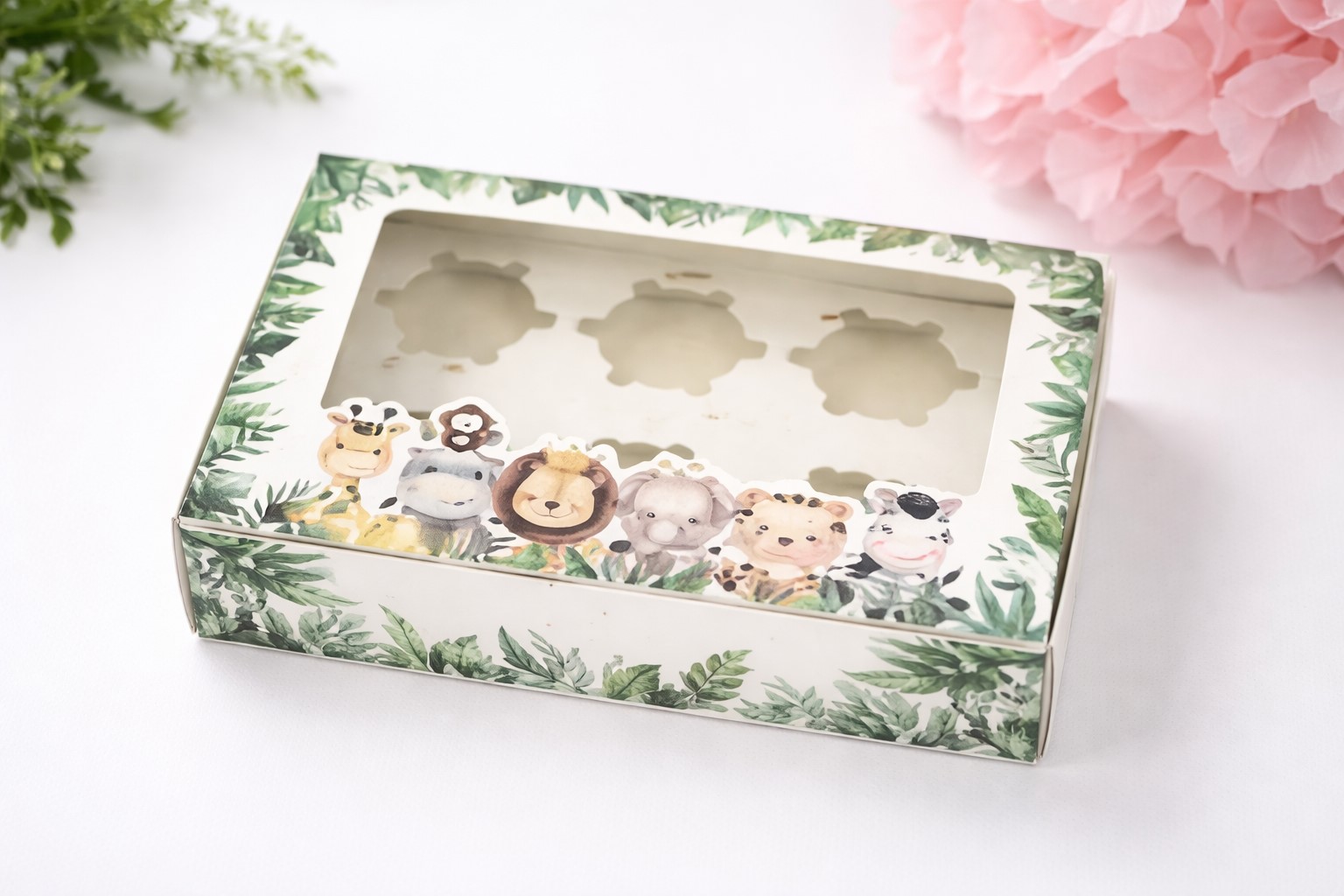 Cupcakebox mit Dschungelmotiv für 6 Cupcakes mit transparentem Sichtfenster