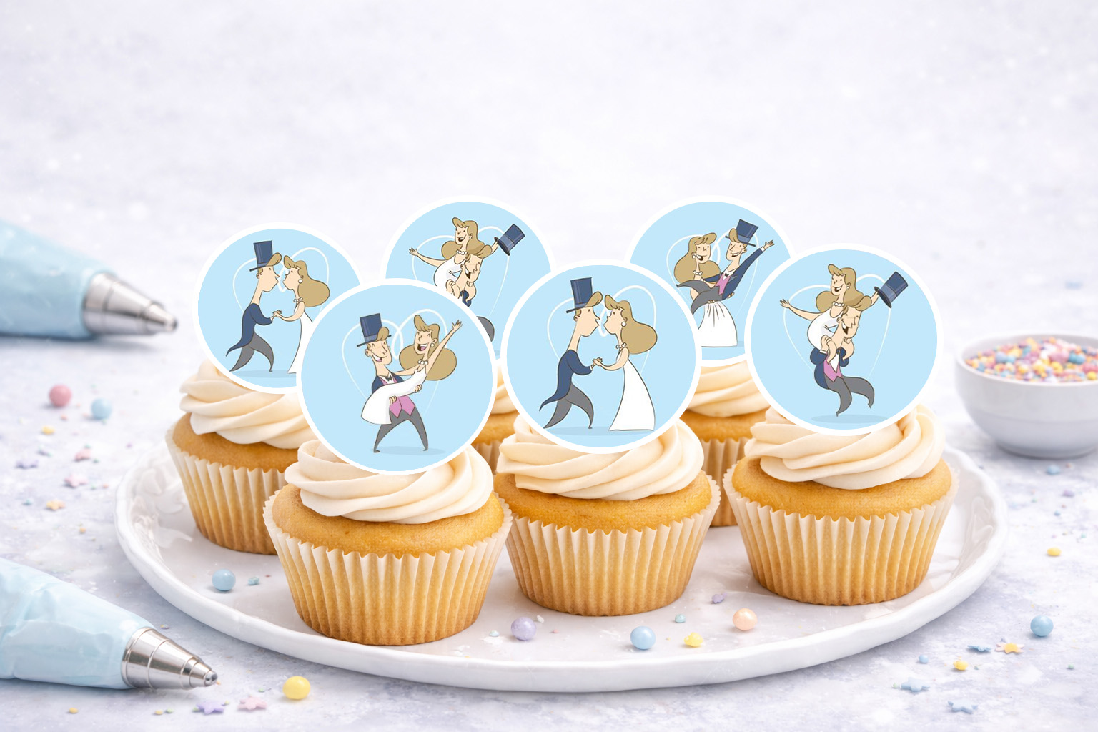 Essbare Muffinaufleger mit Hochzeitsmotiven für Cupcakes und Muffins