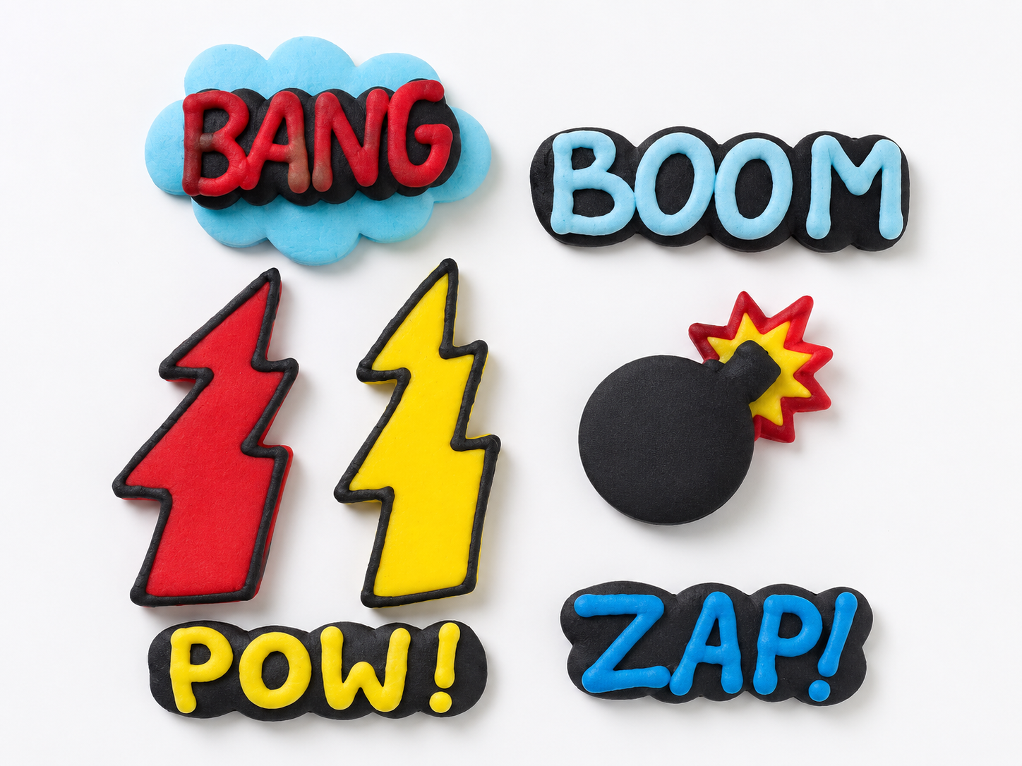 Essbare Comic-Tortendeko „BANG BOOM“ – 7-teilig, ca. 5 cm
