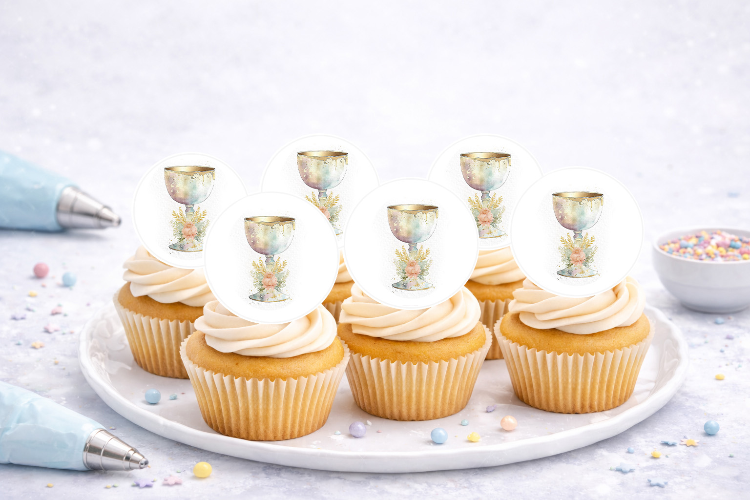 Essbare Muffinaufleger zur Erstkommunion mit christlichen Motiven für Cupcakes und Muffins