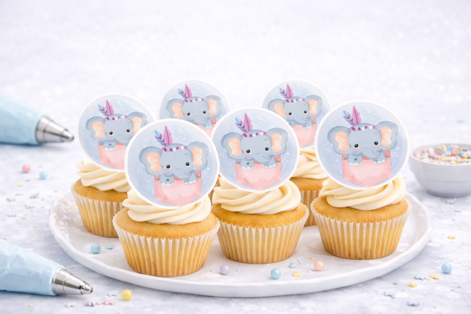 Muffinaufleger Elefant mit Federn – Boho Cupcake Deko für Babyshower & Geburtstag