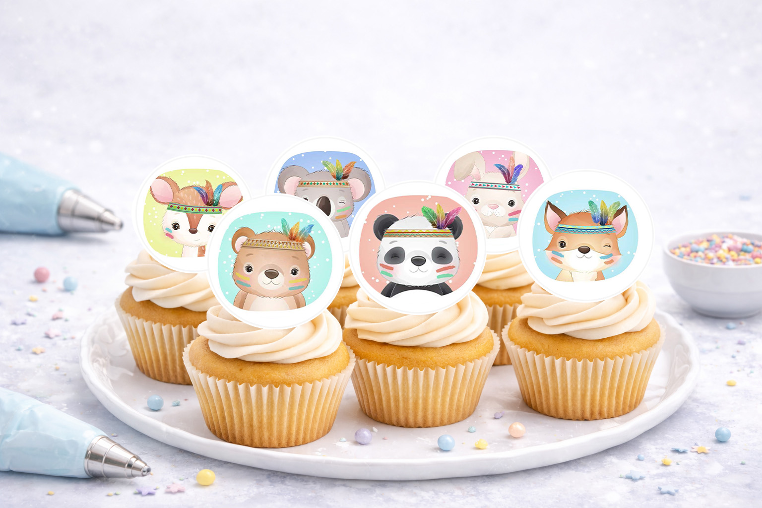 Muffinaufleger Tiere – 24 essbare Aufleger auf A4 aus Oblate Deluxe, zum Ausschneiden (N589)