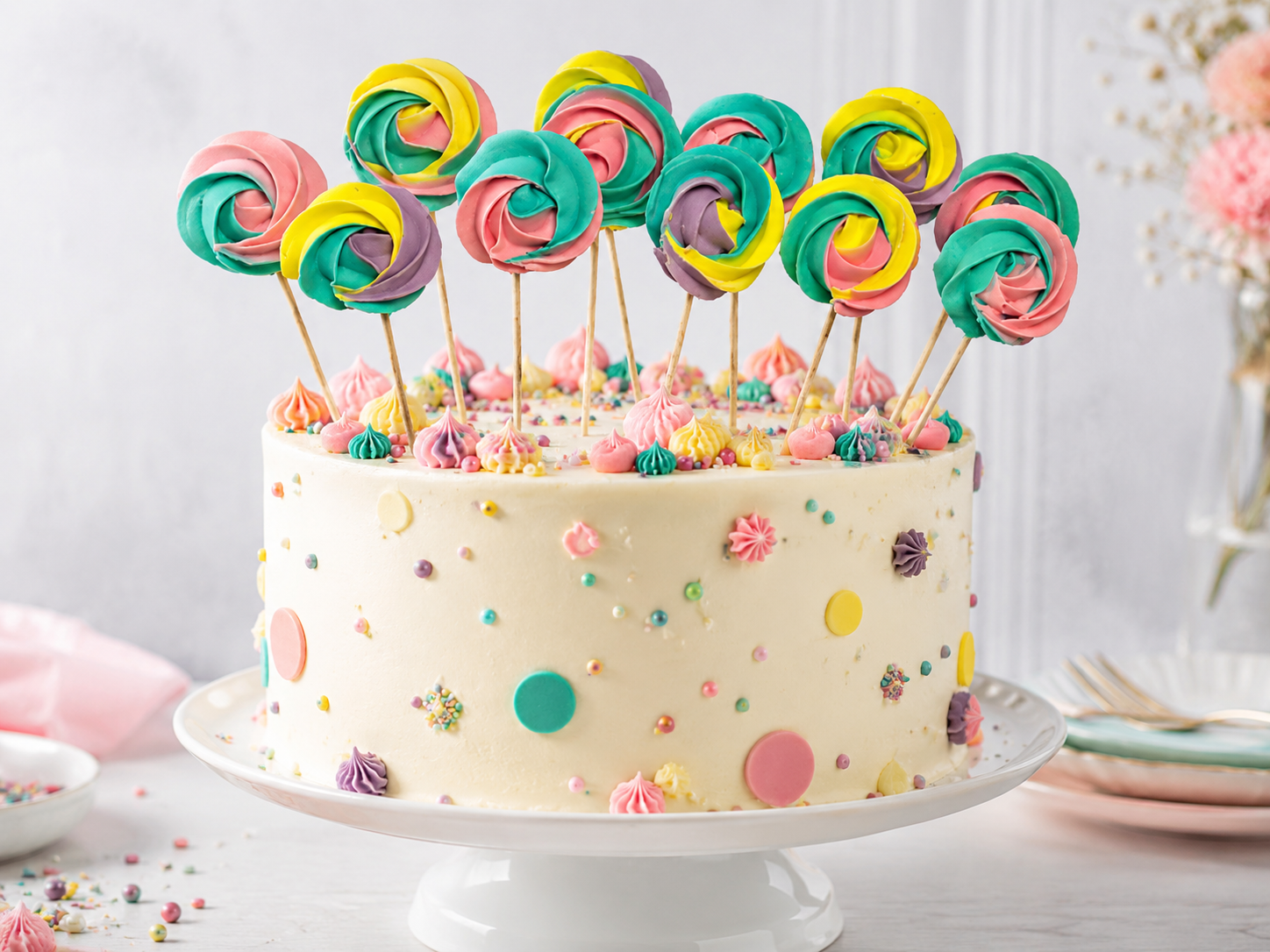 Regenbogen-Baiser am Stiel – 12 Stück