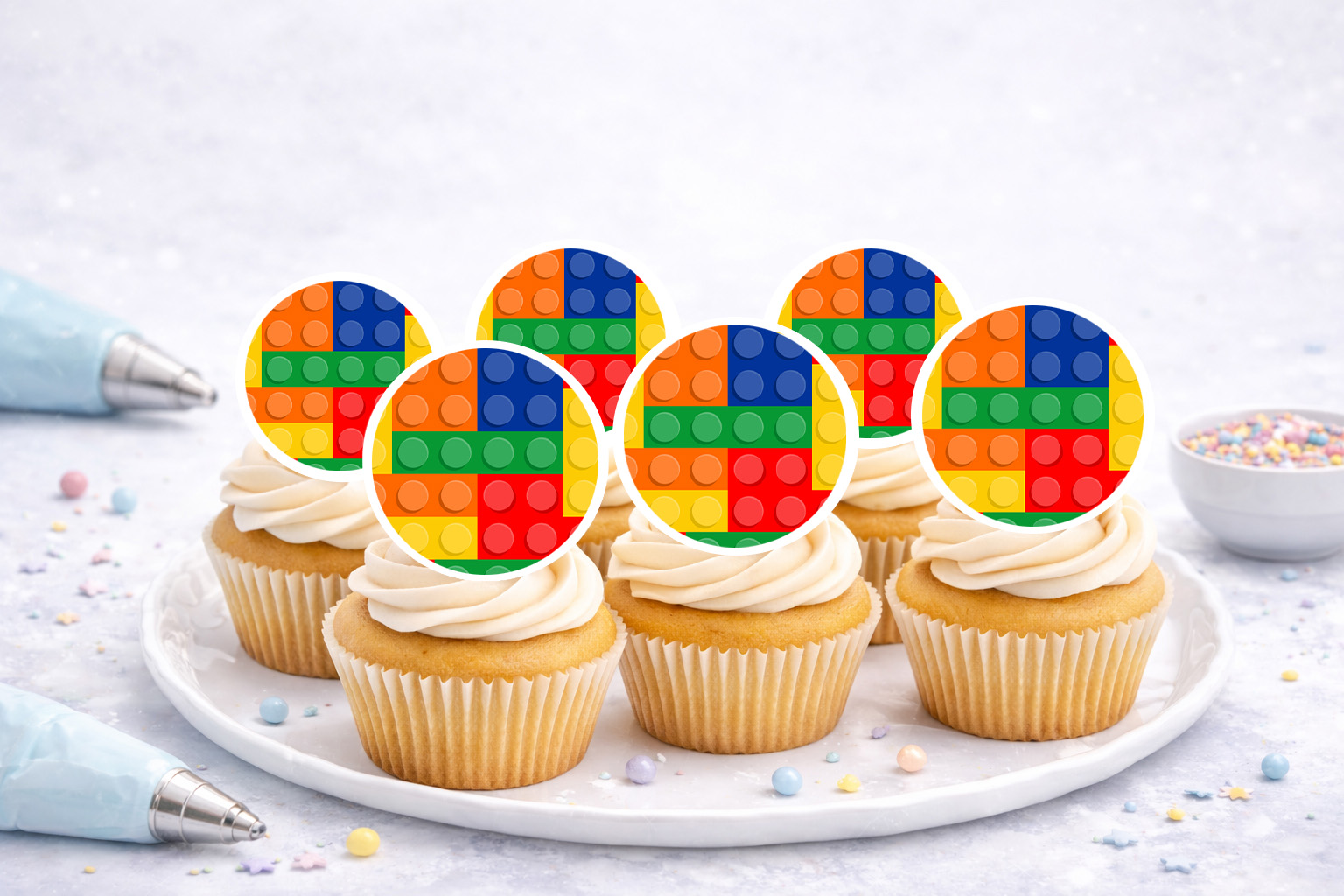 Essbare Muffinaufleger Bausteine aus Oblate, 35 Stück auf A4 zum Selbstausschneiden für Muffins und Cupcakes