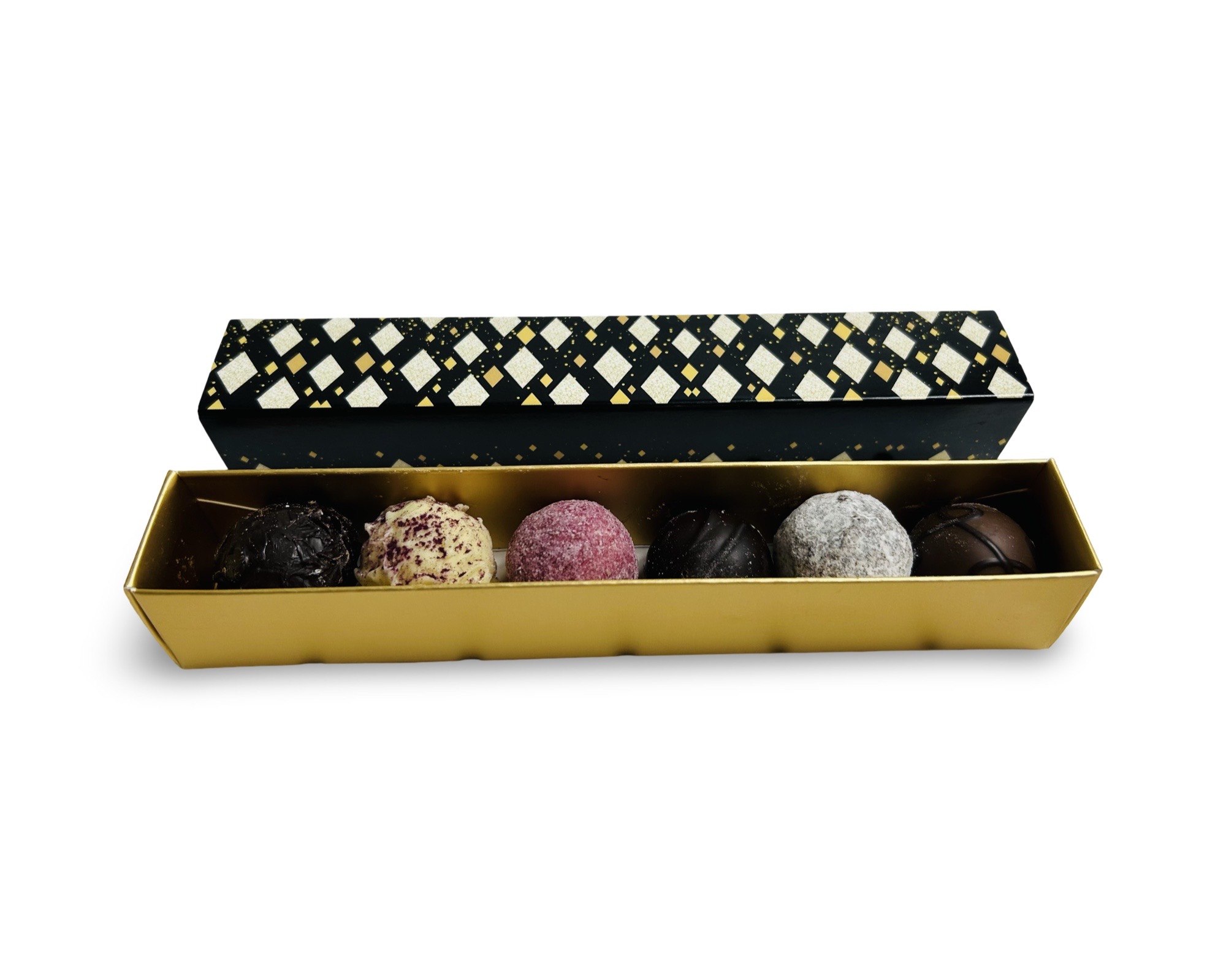 Pralinenverpackung Gold mit Deckel – 18 x 3,3 x 3,3 cm