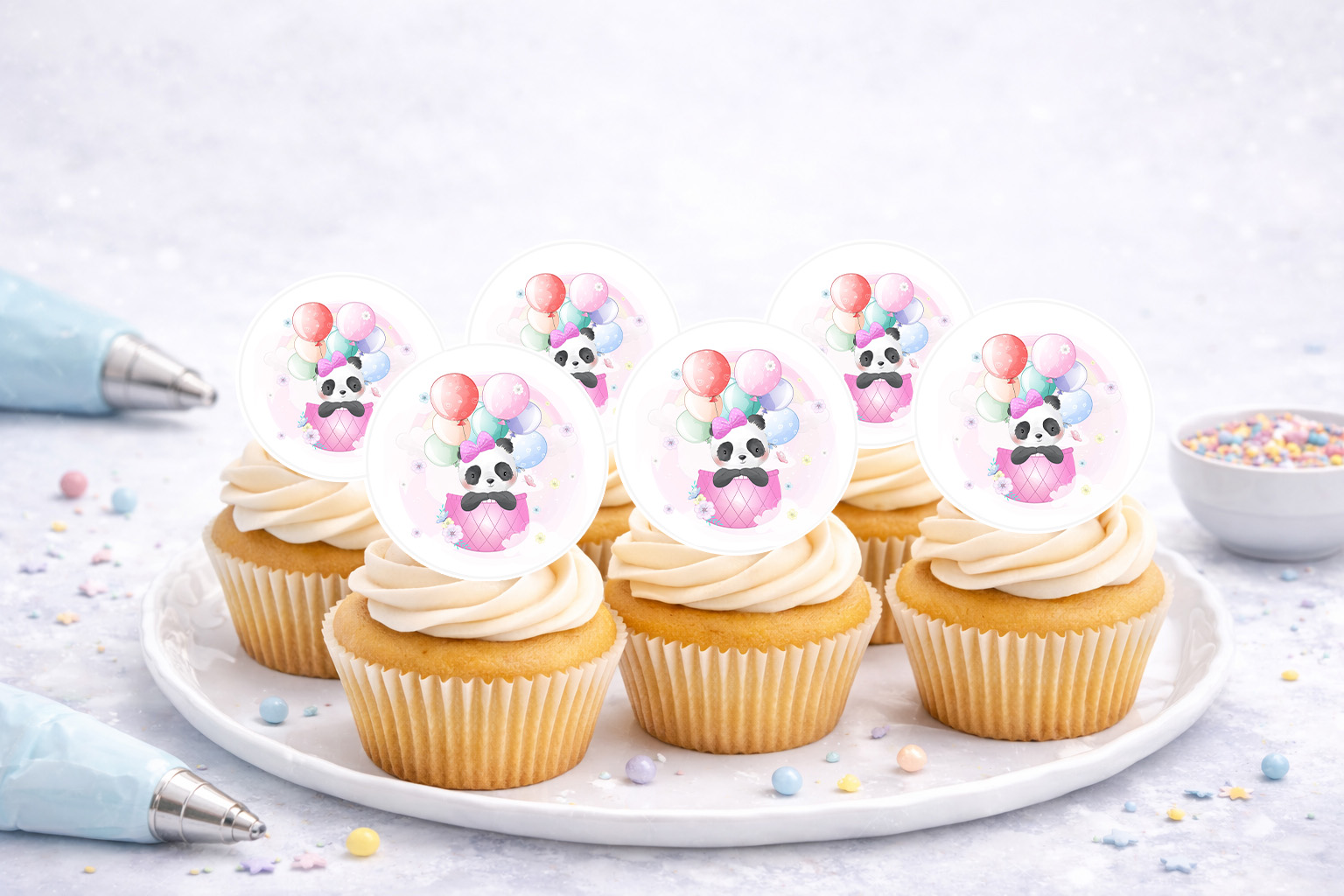 Muffinaufleger Panda aus essbarer Oblate Deluxe – 1 A4-Bogen mit 25 Auflegern, Ø 4 cm, zum Selbstausschneiden.