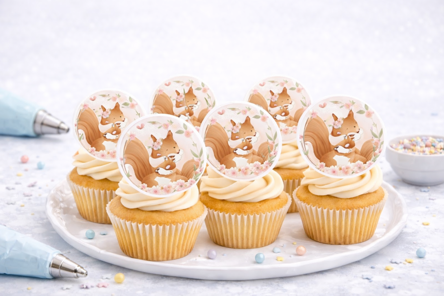 Muffinaufleger Eichhörnchen – Waldtiere Cupcake Deko mit Blumen