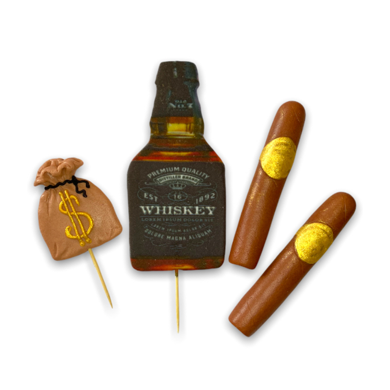 Essbares Tortendekorationsset „Whiskey & Zigarre“ – 4-teiliges Dekor aus Zuckermasse