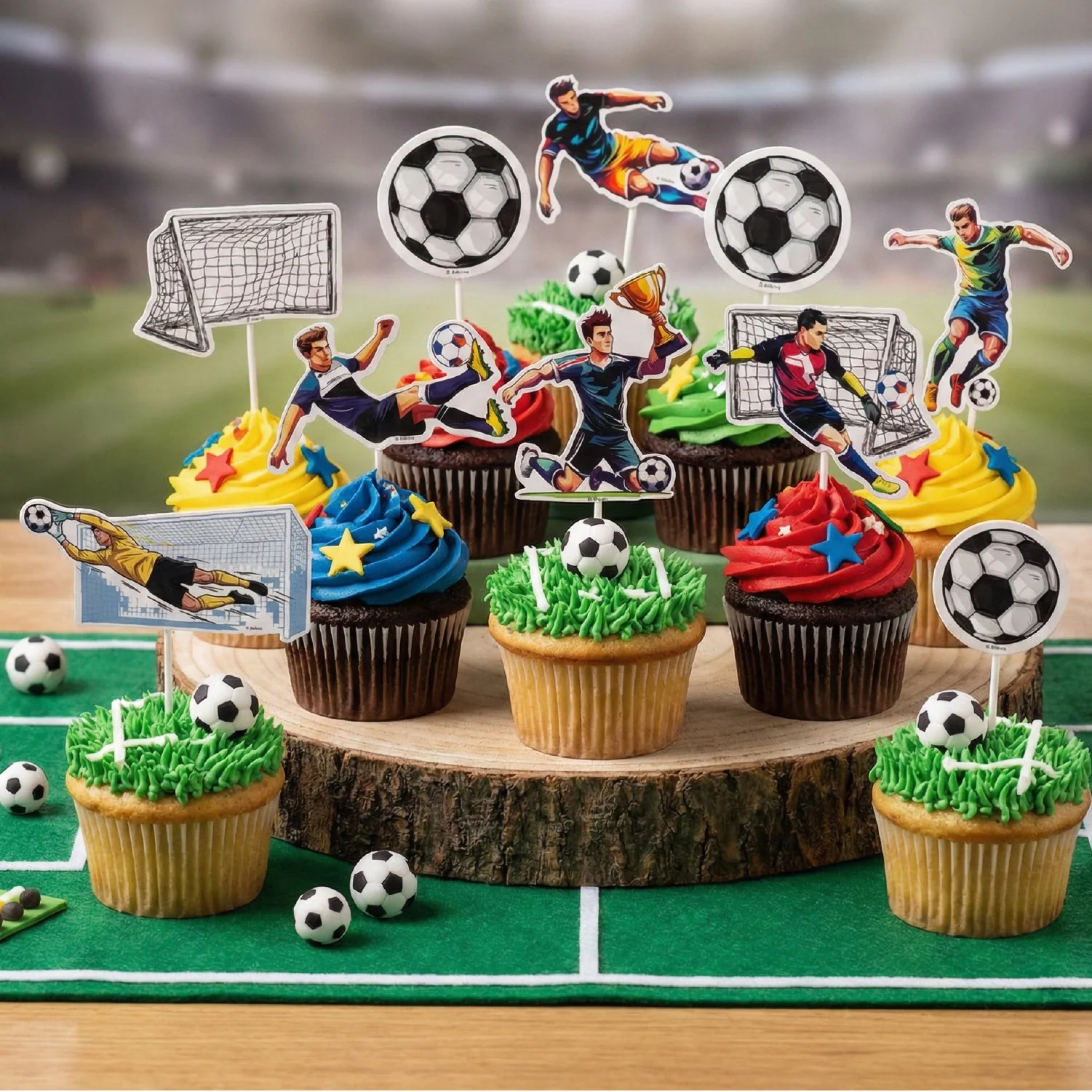 Fußball Caketopper 16 Stück – Papier Tortenstecker für Geburtstag, Fußballparty & Cupcakes