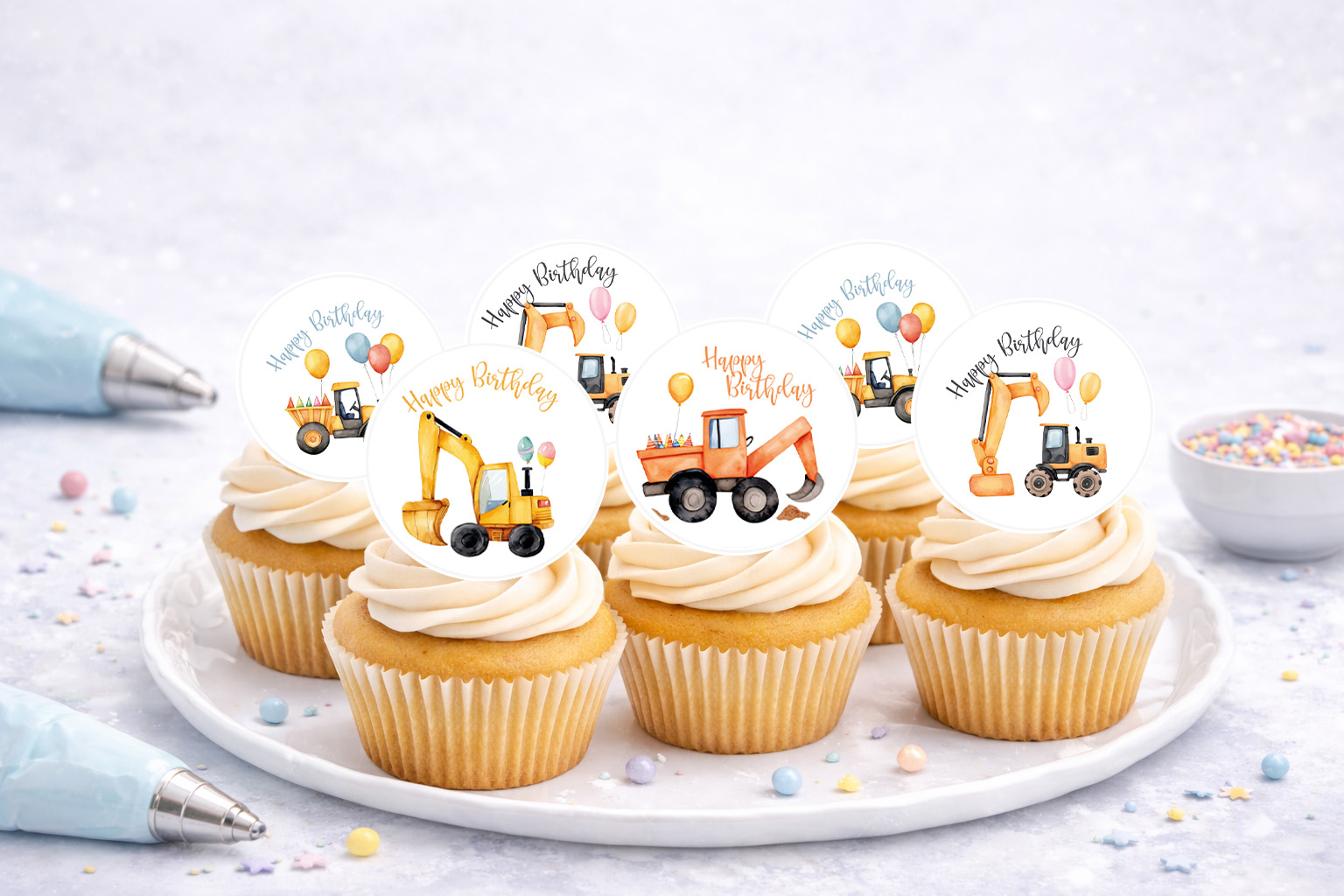 Essbare Muffinaufleger Baufahrzeuge aus Oblate Deluxe – zum Selbstausschneiden (R635)