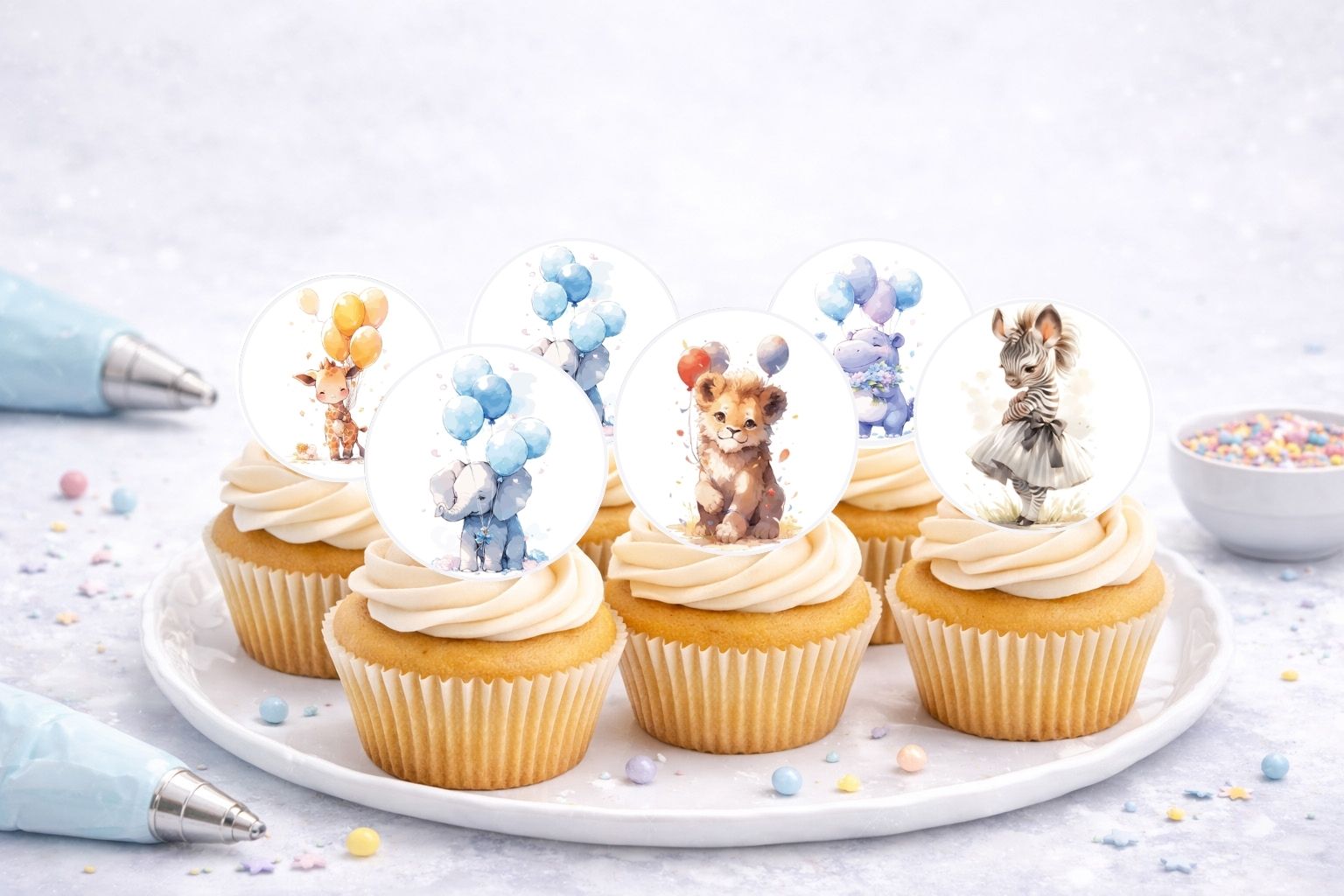 Essbare Muffinaufleger Tiere aus Oblate mit süßen Tiermotiven und Luftballons – zum Ausschneiden für Muffins und Cupcakes