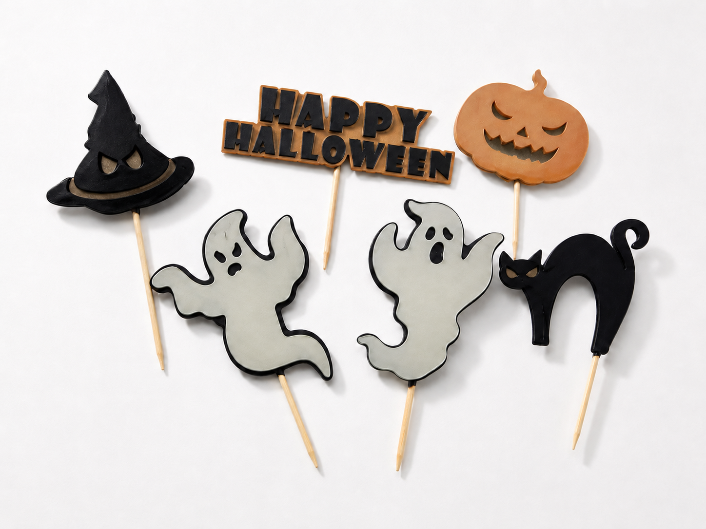 Halloween-Zuckerdeko mit Geistern, Kürbis, Hexenhut und Katze – 6-teilig