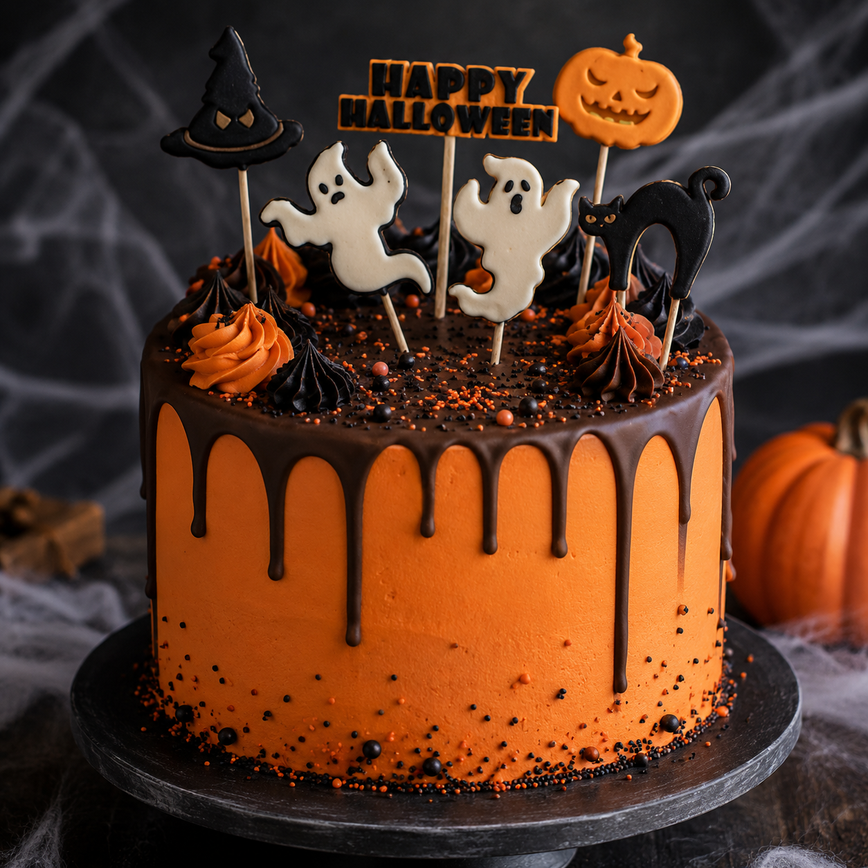 Halloween-Zuckerdeko mit Geistern, Kürbis, Hexenhut und Katze – 6-teilig