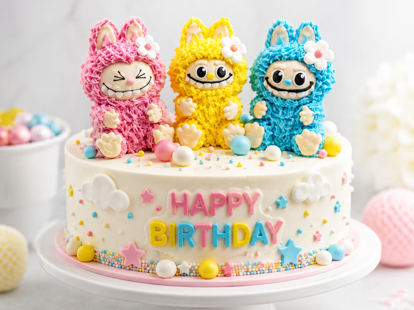 Essbare Monster-Tortendeko 3-teilig – bunte Zuckerfiguren, ca. 6,5 cm