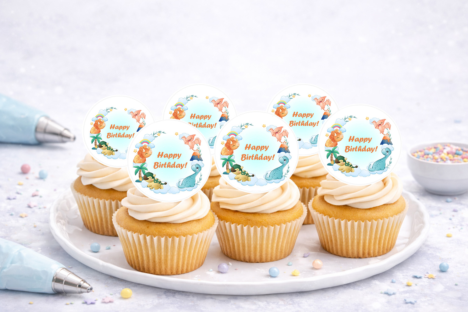 Essbare Muffinaufleger Dinos aus Oblate Deluxe, rund Ø 4,5 cm, Produktnummer E240