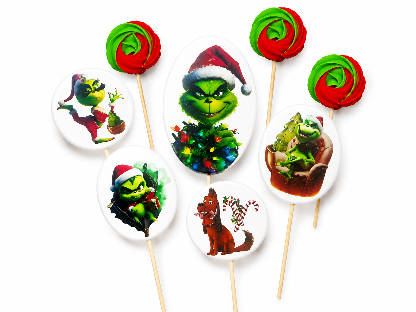 Grinch Weihnachts-Tortendeko – 8-teiliges Set mit 3 Baiser-Einsteckern und 5 Motivsteckern