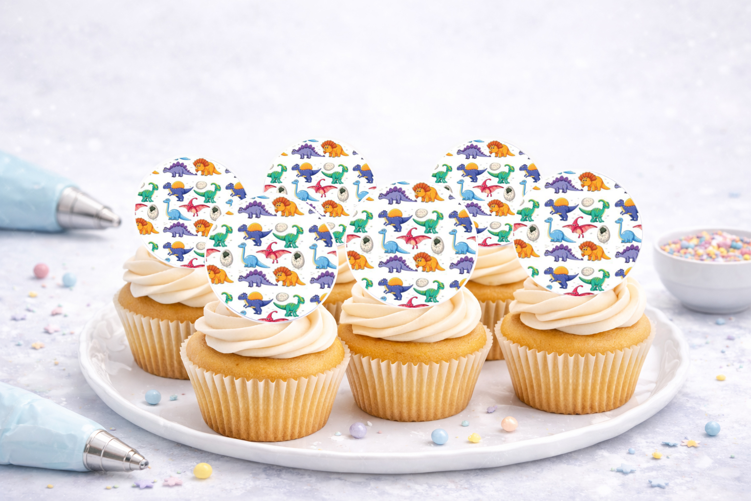 Essbare Muffinaufleger Dinosaurier auf Oblate Deluxe, Ø ca. 5 cm, Produktnummer I505