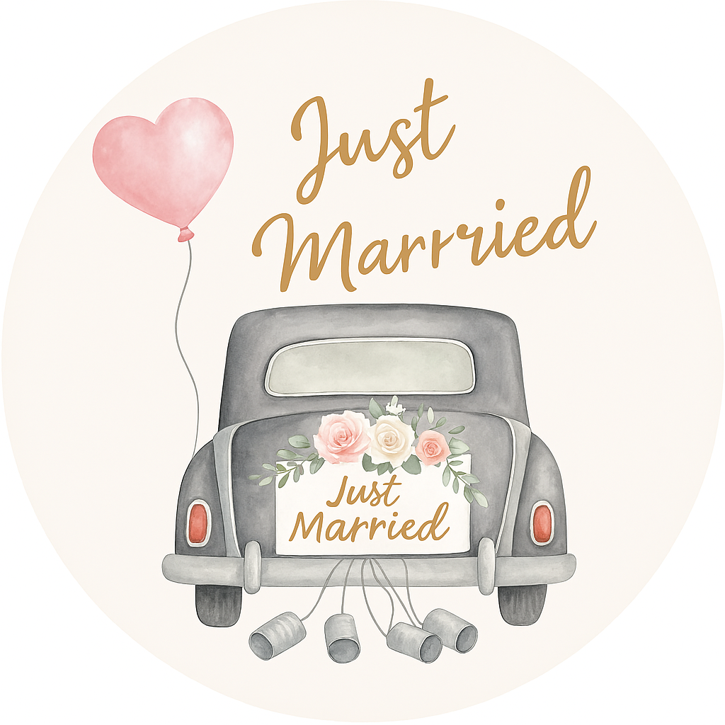 💕 Tortenaufleger „Just Married“ – Hochzeitsauto mit Herzballon
