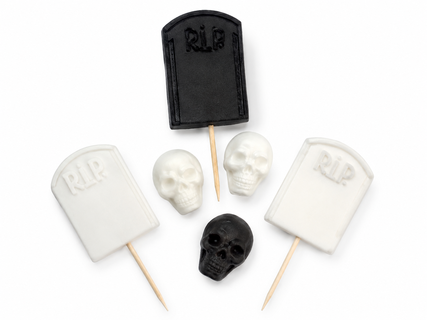 Halloween-Zuckerdeko – Grabsteine und Totenköpfe, 6-teilig