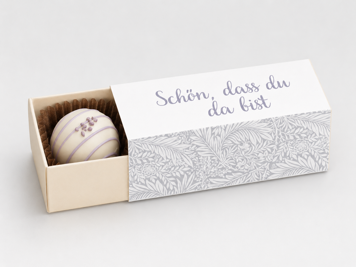 Pralinenverpackung „Schön, dass du da bist“ – elegante Schiebeverpackung für 3 Pralinen - 3er Set