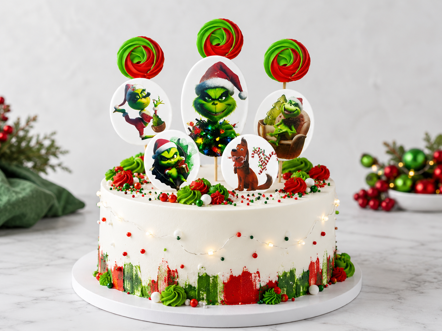 Grinch Weihnachts-Tortendeko – 8-teiliges Set mit 3 Baiser-Einsteckern und 5 Motivsteckern