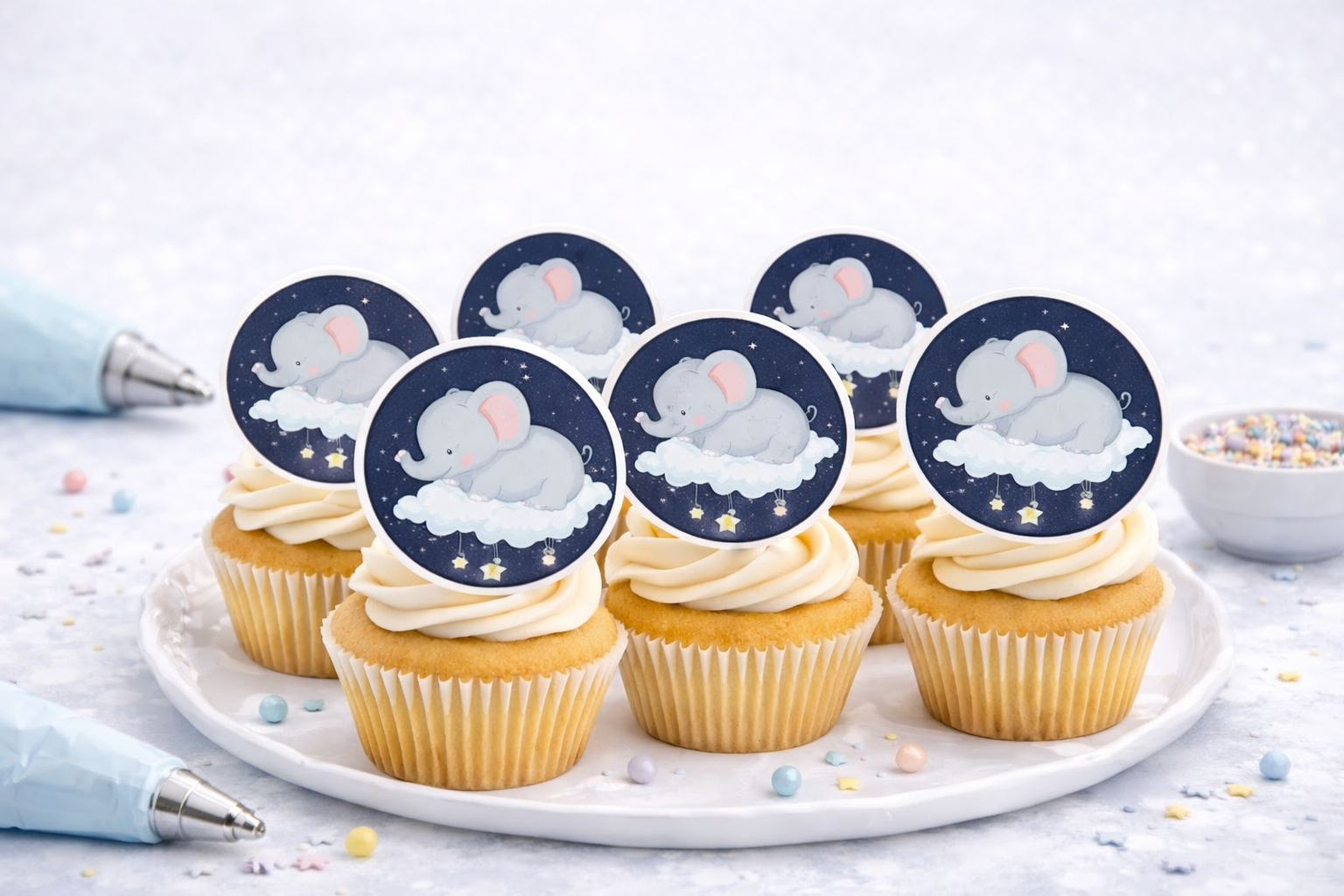 Muffinaufleger Elefant mit Sterne – Baby Party Cupcake Deko