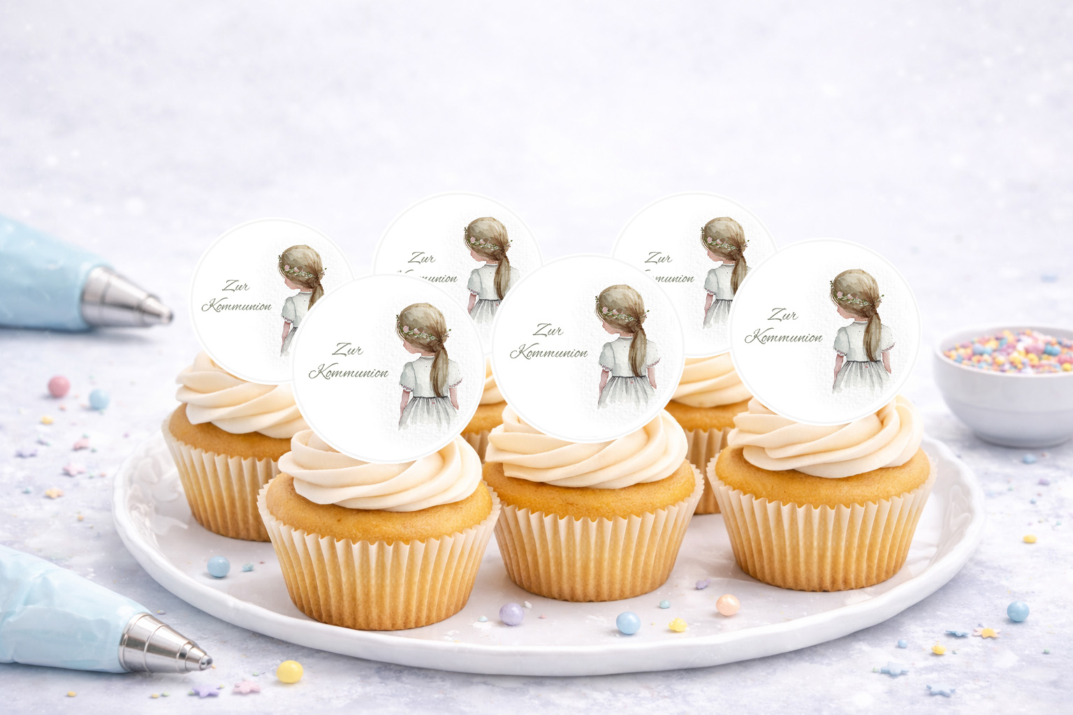 Essbare Muffinaufleger zur Erstkommunion mit christlichen Motiven für Cupcakes und Muffins