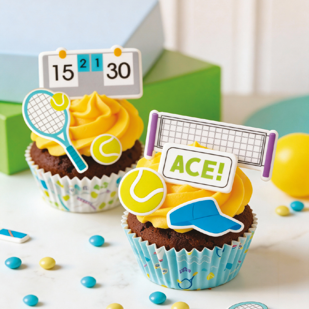 Zuckerdekoration Tennis 2D – 12-tlg. Set für Muffins, Cupcakes und kleine Torten