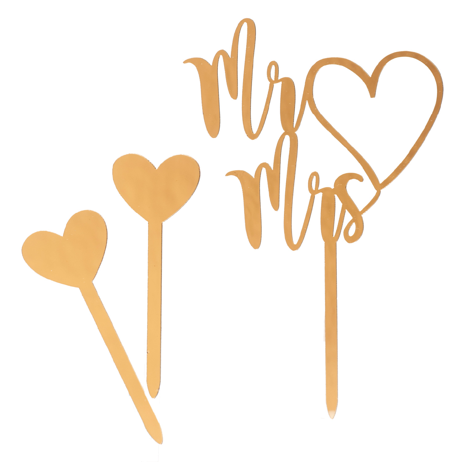 Mr & Mrs Caketopper Set 3-teilig – Goldene Tortenstecker mit Herzen für Hochzeit, Verlobung & Candy Bar