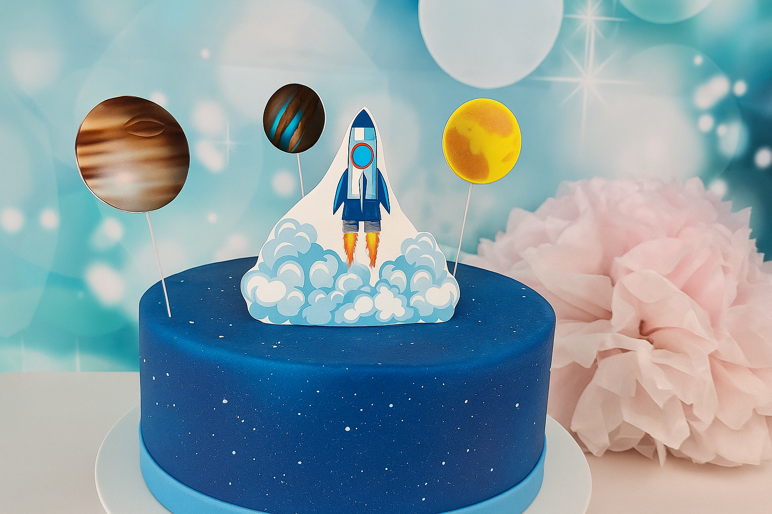 🚀 Cake Topper Rakete mit Planeten – Weltraum-Tortendeko für Kinder & Astronauten-Partys