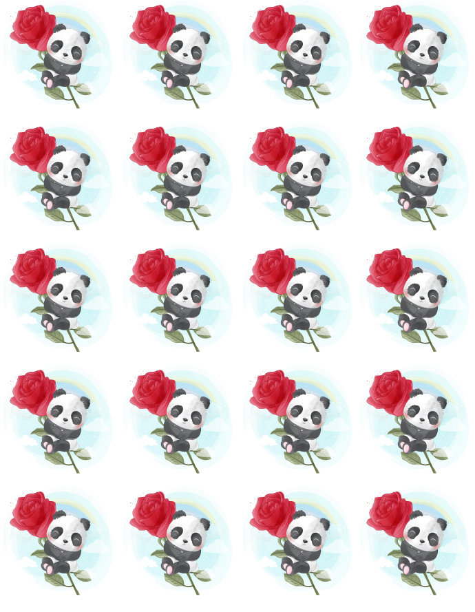 Panda Cupcake Topper „Panda auf Rose“ als essbare Muffinaufleger aus Oblate Deluxe, Ø ca. 4 cm