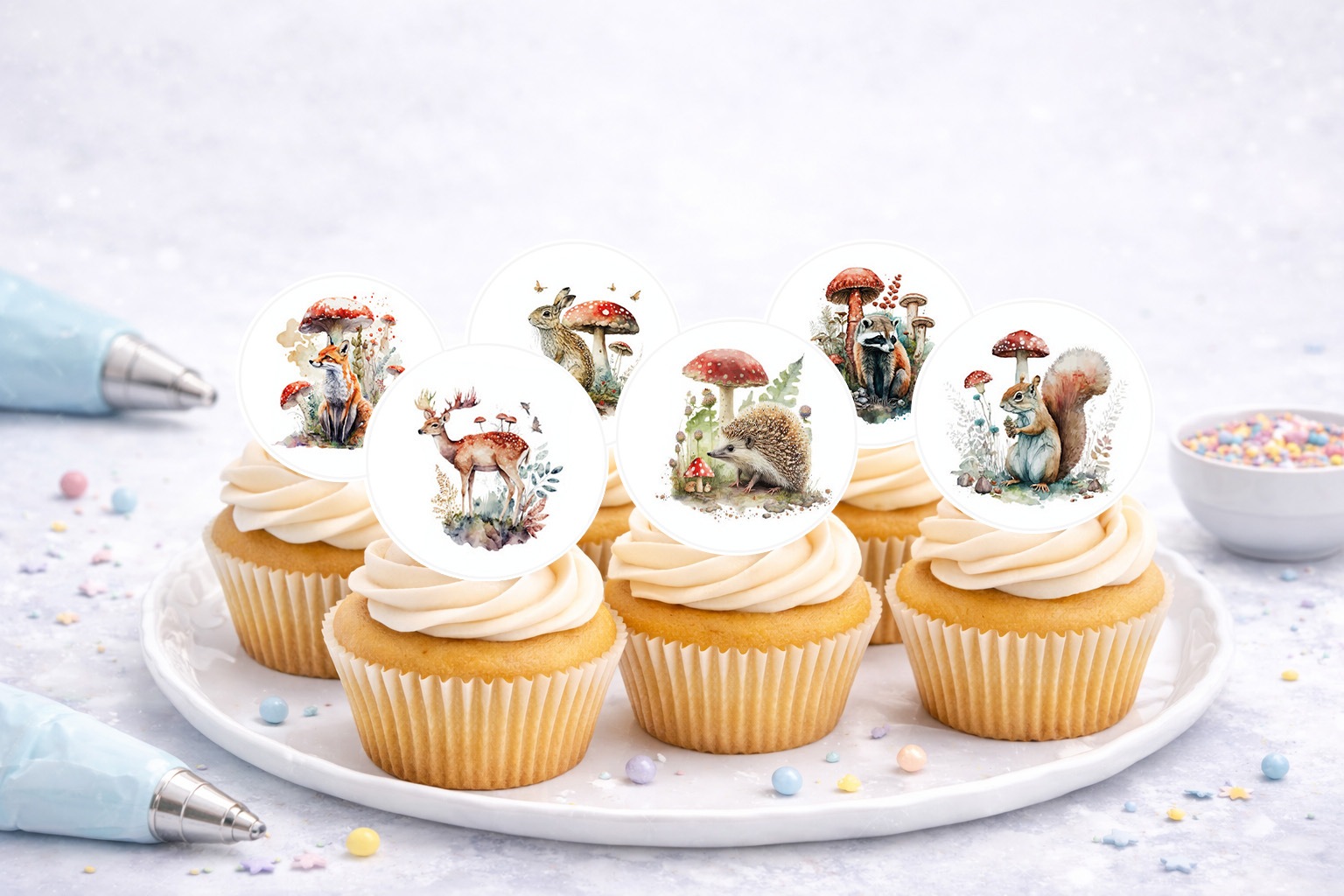 Essbare Muffinaufleger Waldtiere aus Oblate Deluxe, 25 Stück auf A4, zum Ausschneiden für Muffins und Cupcakes