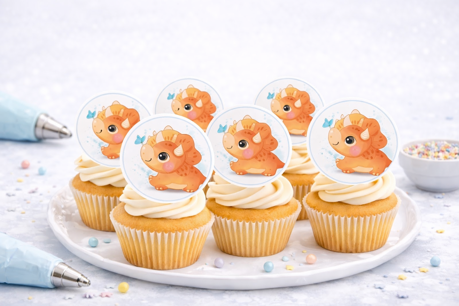 Muffinaufleger Dinosaurier aus Oblate Deluxe – 24 Stück Ø 4 cm | essbare Cupcake-Aufleger zum Ausschneiden