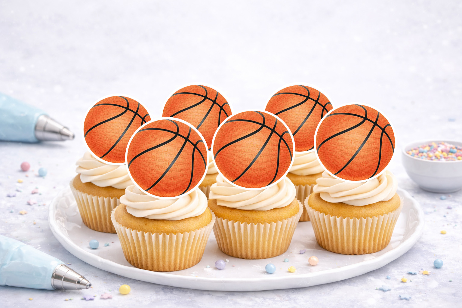 Muffinaufleger Basketball aus Oblate Deluxe – essbare Cupcake- und Muffin-Dekoration (N345)