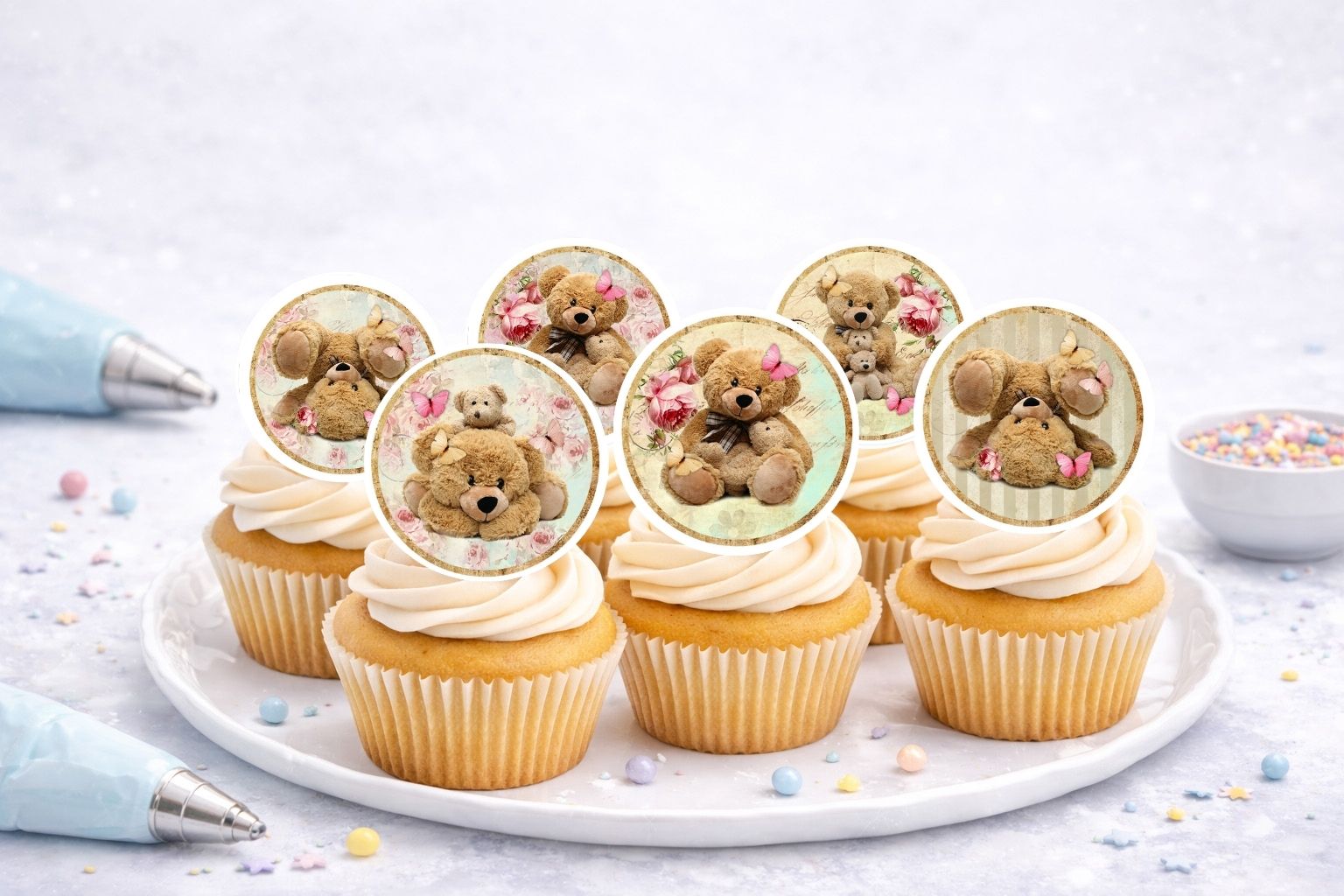 Essbare Muffinaufleger Teddybären aus Oblate Deluxe – 12 Stück auf A4 zum Ausschneiden (R520)