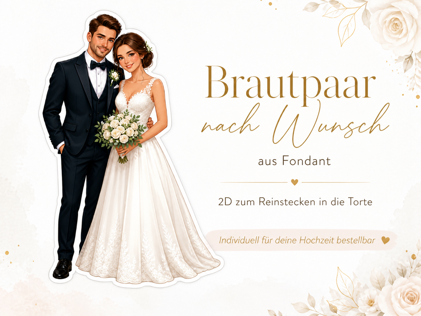 Individueller Brautpaar Caketopper aus Fondant – 2D Topper nach Wunsch zum Reinstecken in die Torte