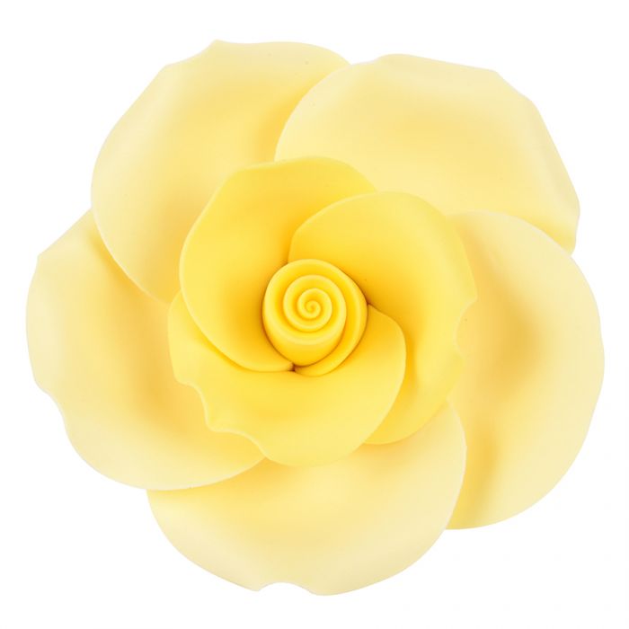 Zuckerrose gelb XL mit 8 cm Durchmesser – essbare Zuckerblume als Tortendekoration