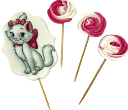 Katzen-Tortendeko mit rosa-weißen Baiser-Rosen – 4-teilig