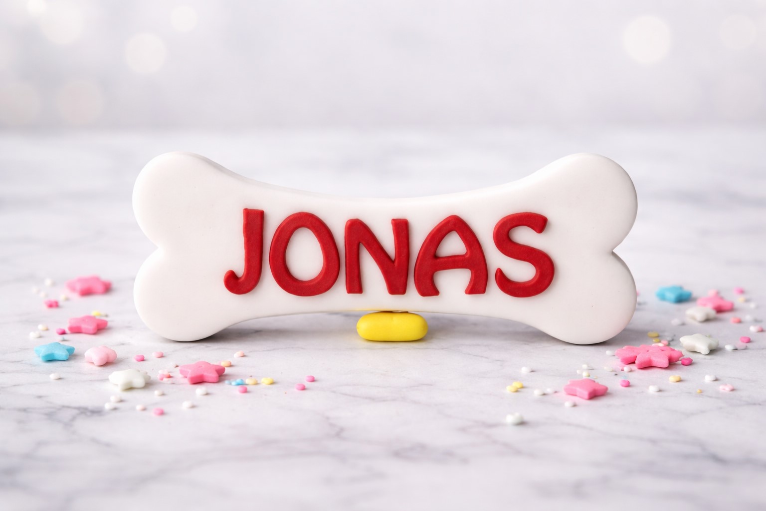 Knochen mit Name personalisiert – handgefertigter Fondant-Knochen aus Massa Ticino (9 cm)