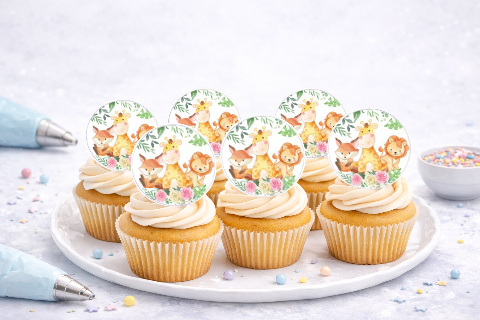 Essbare Muffinaufleger Tiere aus Oblate Deluxe, 24 Stück auf A4, ca. 4 cm