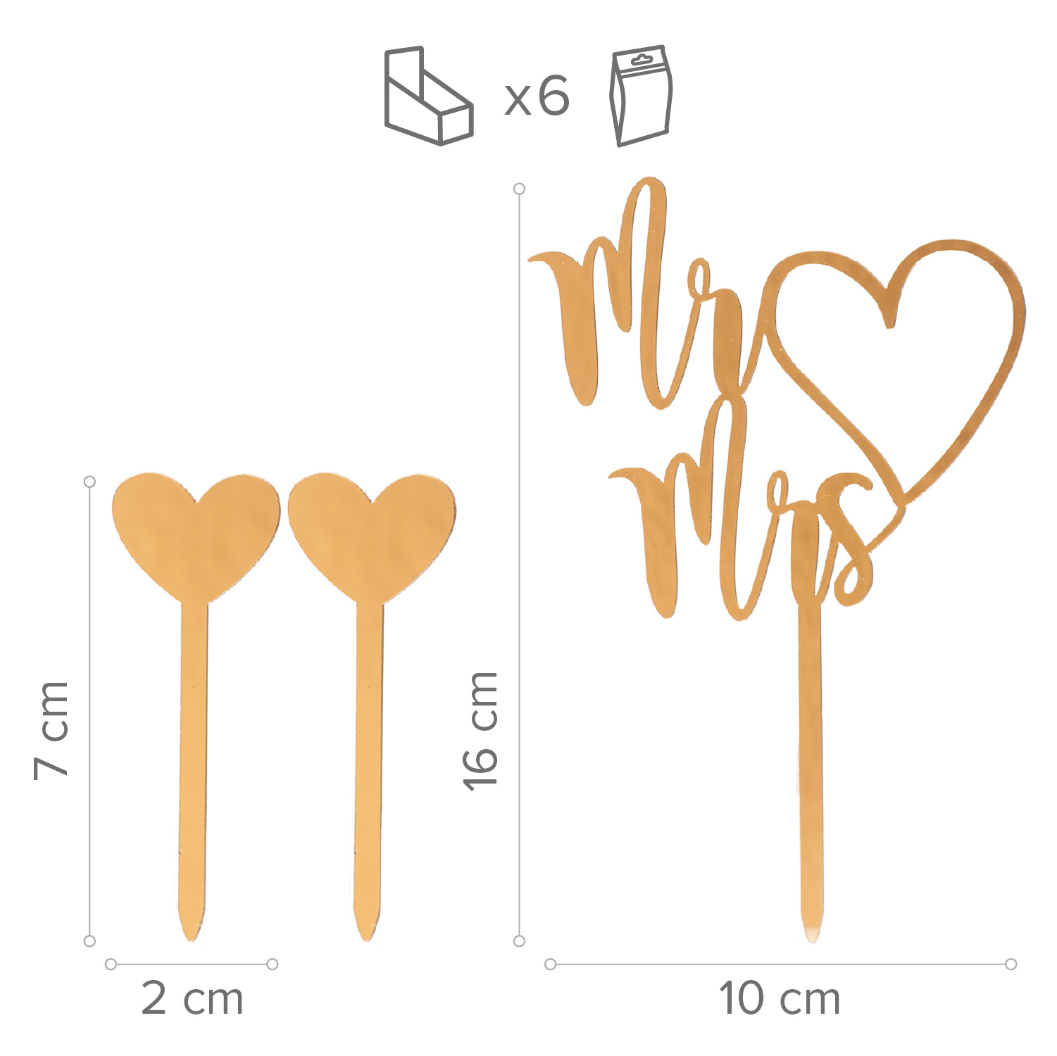 Mr & Mrs Caketopper Set 3-teilig – Goldene Tortenstecker mit Herzen für Hochzeit, Verlobung & Candy Bar
